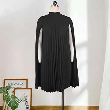 AOMEI Women's Stand Collar Pleated Cape Sleeve Loose Knee Length Dress Plus Size(Black,XXL)