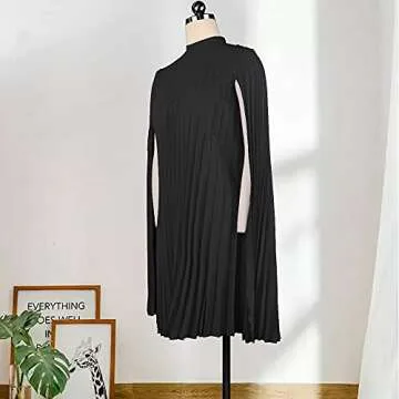 AOMEI Women's Stand Collar Pleated Cape Sleeve Loose Knee Length Dress Plus Size(Black,XXL)