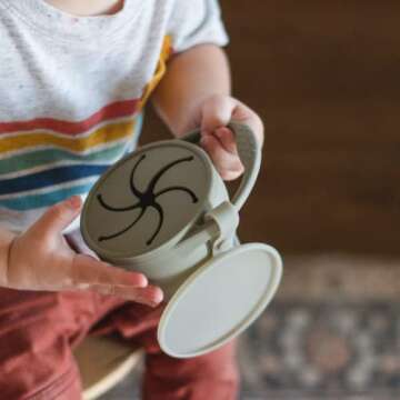 Boppabug | Toddler Snack Cup with Attached Lid | Collapsible Silicone Snack Container | Toddler Spill Proof Snack Catcher (Sage)