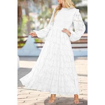MITILLY Women's Elegant Floral Long Sleeve Round Neck Smocked A-Line Flowy Tiered Maxi Dresses with Pockets Small White