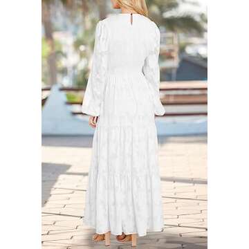 MITILLY Women's Elegant Floral Long Sleeve Round Neck Smocked A-Line Flowy Tiered Maxi Dresses with Pockets Small White