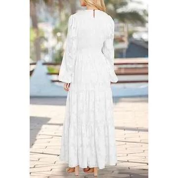 MITILLY Women's Elegant Floral Long Sleeve Round Neck Smocked A-Line Flowy Tiered Maxi Dresses with Pockets Small White