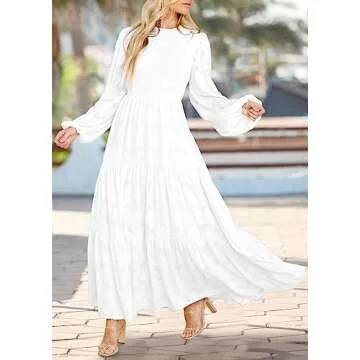 MITILLY Women's Elegant Floral Long Sleeve Round Neck Smocked A-Line Flowy Tiered Maxi Dresses with Pockets Small White