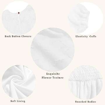 MITILLY Women's Elegant Floral Long Sleeve Round Neck Smocked A-Line Flowy Tiered Maxi Dresses with Pockets Small White