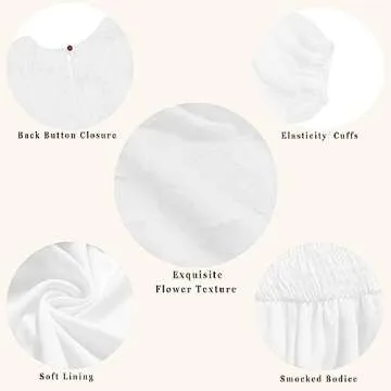 MITILLY Women's Elegant Floral Long Sleeve Round Neck Smocked A-Line Flowy Tiered Maxi Dresses with Pockets Small White