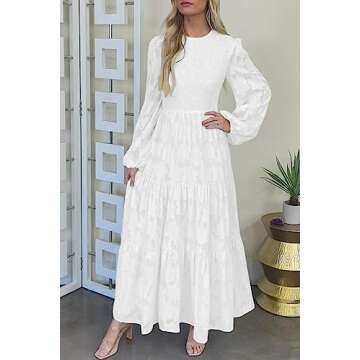 MITILLY Women's Elegant Floral Long Sleeve Round Neck Smocked A-Line Flowy Tiered Maxi Dresses with Pockets Small White