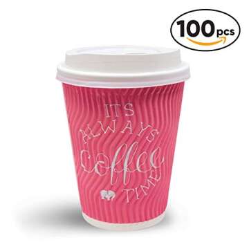 Basalla Disposable Coffee Cups with Lids - Paper Cups 12 Oz 100 Pack, Insulated No Need Sleeve for H...