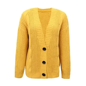 Chic Women's V Neck Solid Color Sweater Casual Open Front Cardigan in Yellow