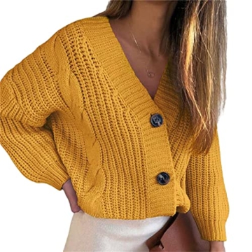 Stylish Women's V Neck Chunky Knit Cardigan in Yellow