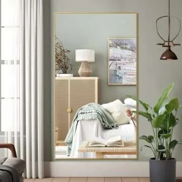 NeuType Large Full Length Mirror 59"x36" Bedroom Mirror Aluminum Alloy Frame Floor Mirror Wall-Mounted Mirror for Living Room, Bedroom, Hanging or Leaning Against Wall, Golden