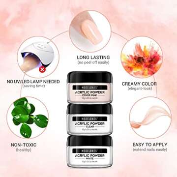 MODELONES Acrylic Powder with Professional Liquid Monomer for Nail Extension Clear/White/Nude All in One Kit with Carrier Bag Acrylic Nail Brush Nail Form No Need Nail Lamp, MMA Free Monomer