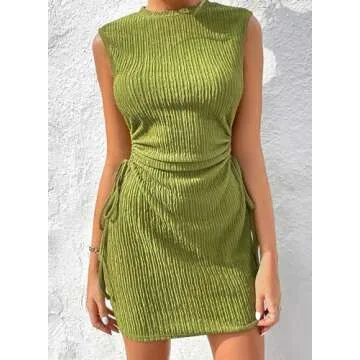 Acelitt Womens Ladies Casual Summer Crew Neck Sleeveless Drawstring Cut Out Dress for Club Party Date Night Beach Vacation Outfits Green XX-Large