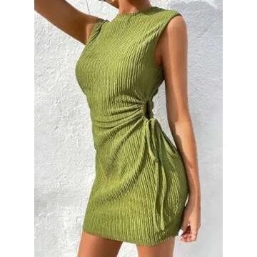 Acelitt Womens Ladies Casual Summer Crew Neck Sleeveless Drawstring Cut Out Dress for Club Party Date Night Beach Vacation Outfits Green XX-Large