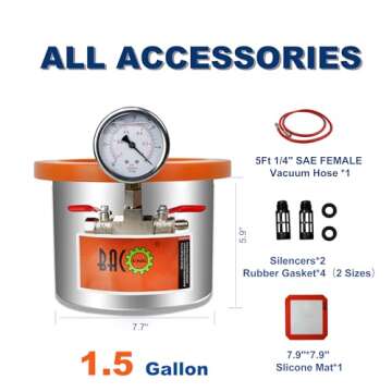BACOENG 1.5 Gallon Tempered Glass Lid Stainless Steel Vacuum Chamber Perfect for Stabilizing Wood, D...