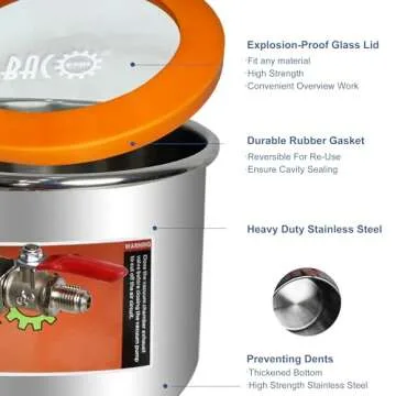 BACOENG 1.5 Gallon Tempered Glass Lid Stainless Steel Vacuum Chamber Perfect for Stabilizing Wood, Degassing Silicones, Epoxies and Essential Oils
