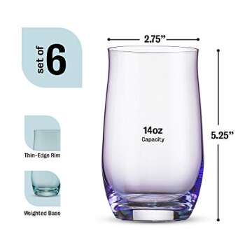 Colorful Drinking Glasses [Set of 6 | 14 Ounces]Colored Glass Cups with Heavy Weighted Base, Multi-Colored Glasses, Drinking Cups, Beer Glasses, Highball Glasses, Glass Tumbler, Cocktail Mixing Glass