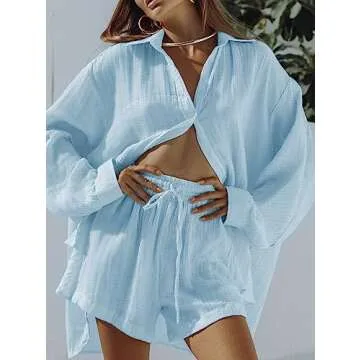 Fixmatti Womens 2 Piece Sweatsuit Sets Oversized Blouse Top High Waist Shorts Loose Loungewear Outfit Blue S