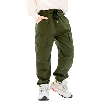 MINI PANDA Boys' Adjustable Waist Cargo Pants for Ages 6-16 (Olive)