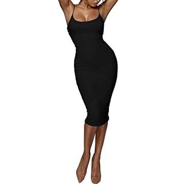 PRIMODA Women's Sexy Sleeveless Spaghetti Strap Bodycon Midi Dress Club Party Night Out Dress(Black M)