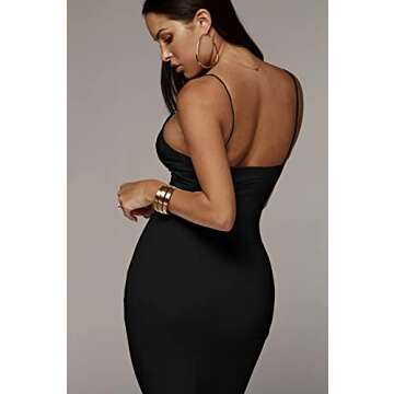 PRIMODA Women's Sexy Sleeveless Spaghetti Strap Bodycon Midi Dress Club Party Night Out Dress(Black M)