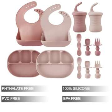 PandaEar 12PCS Silicone Baby Feeding Set | 2 Sectioned Baby Suction Plate, 2 Baby Bibs, 2 Toddler Cu...