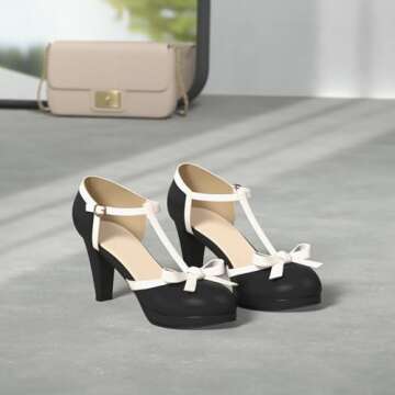 ForeMode Bow Mary Jane Shoes High Heels Closed Round Toe Pumps Leather Summer Sweet Shoe（Black,7.5...