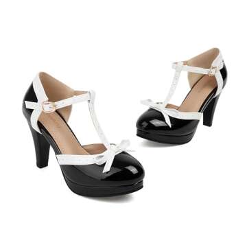 ForeMode Bow Mary Jane Shoes High Heels Closed Round Toe Pumps Leather Summer Sweet Shoe（Black,7.5）
