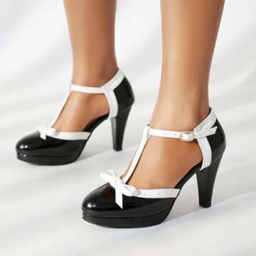 ForeMode Bow Mary Jane Shoes High Heels Closed Round Toe Pumps Leather Summer Sweet Shoe（Black,7.5）