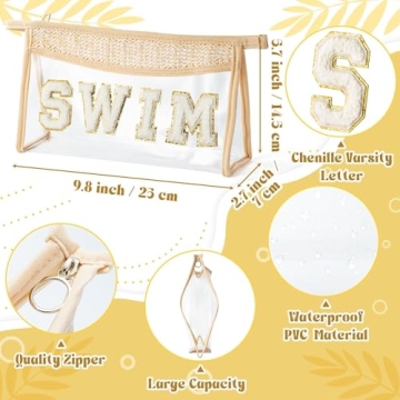 Belanttega Boho Patch Cosmetic Bag - Valentine's Day SWIM Chenille Varsity Letter Toiletry Bag Beige Clear Waterproof Travel Makeup Bag PVC Zipper Clutch Daily Use Purse New Year Gift for Women Girls