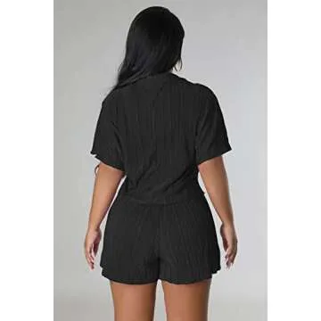CALEBGAR Women's Casual 2 Piece Pleated Set Short Sleeve Button Down Shirt High Waist Shorts Outfits Suit Black XXL