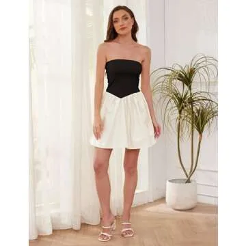 OLAPTA Women Strapless Tube Top Mini Dress Off Shoulder Sleeveless Casual Summer Patchwork Drop-Waist A-line Short Dresses(Medium,Black and Apricot)