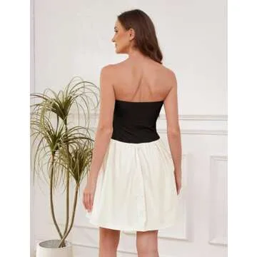 OLAPTA Women Strapless Tube Top Mini Dress Off Shoulder Sleeveless Casual Summer Patchwork Drop-Waist A-line Short Dresses(Medium,Black and Apricot)