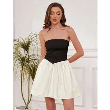 OLAPTA Women Strapless Tube Top Mini Dress Off Shoulder Sleeveless Casual Summer Patchwork Drop-Waist A-line Short Dresses(Medium,Black and Apricot)