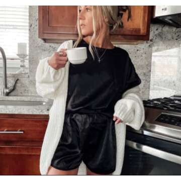 Ekouaer Satin Pajamas for Women Short Sleeve Silk Pajama Sets Soft Sleepwear Top with Causal Pj Shorts Black S