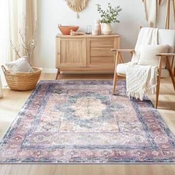 BESTSWEETIE 5x7 Area Rugs Machine Washable No Pile Non Slip Vintage Rugs for Living Room&Bedroom&Dinning Room Bohemian Distressed Carpet Indoor,Purple/Blue/Multi