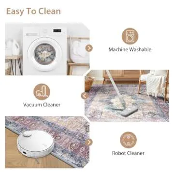 BESTSWEETIE 5x7 Area Rugs Machine Washable No Pile Non Slip Vintage Rugs for Living Room&Bedroom&Dinning Room Bohemian Distressed Carpet Indoor,Purple/Blue/Multi