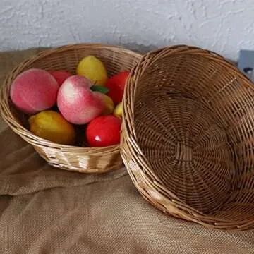 Wicker Basket Fruit Bread Tray Storage Basket, Fruit bowl, Round Stackable Basket (Natural, B)