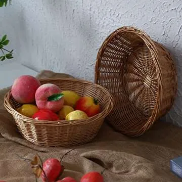 Wicker Basket Fruit Bread Tray Storage Basket, Fruit bowl, Round Stackable Basket (Natural, B)