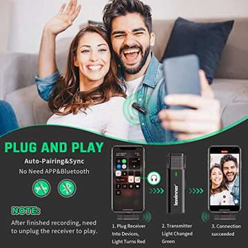 lewinner Wireless Lavalier Microphone for iPhone iPad, Plug & Play 2.4GHzLapel Mic with Charging Cas...