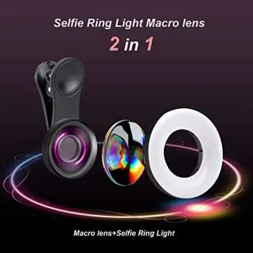 Macro Lens for iPhone and Android with Mini Clip Ring Light, Portable Rechargeable Dimming, for Smart Phone Photography, Camera Video Recording, VLOG