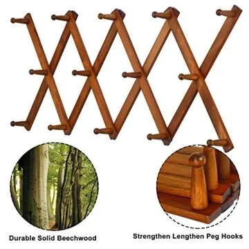 Dseap Accordian Wall Hanger: 16” High Wooden Wall Expandable Coat Rack, Hat Rack Holder, Accordion Hook for Baseball Caps, Coats, Mugs, 14 Peg Hooks, Brown