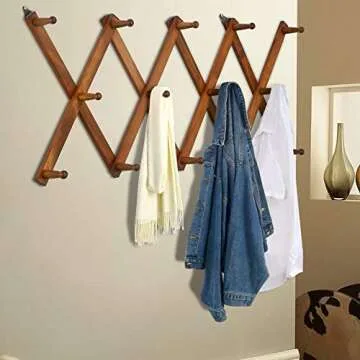 Dseap Accordian Wall Hanger: 16” High Wooden Wall Expandable Coat Rack, Hat Rack Holder, Accordion Hook for Baseball Caps, Coats, Mugs, 14 Peg Hooks, Brown