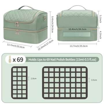 CUBETASTIC Nail Polish Organizer, Portable Nail Polish Storage Case Holds 69 Bottles Nail Polish & Nail Lamp, Travel Nail Supplies Organizer Bag for Nail Tech Kit & Manicure Tools (Rhombus Green)