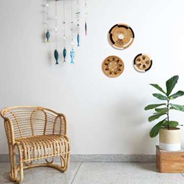 KIWI HOMIE - Set of 3 Round Woven Water Hyacinth Wall Decor Basket Trays, Round Wicker Baskets Handmade Set of 3 For Living Room, Unique Hanging Wall Art (Multiple Size, Bohemian)