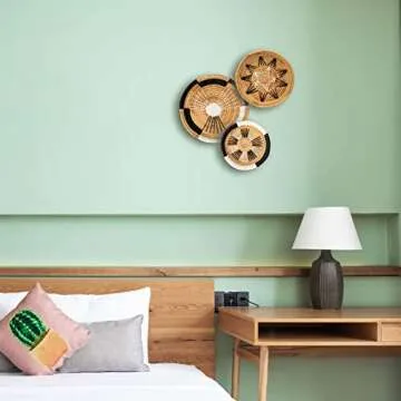 KIWI HOMIE - Set of 3 Round Woven Water Hyacinth Wall Decor Basket Trays, Round Wicker Baskets Handmade Set of 3 For Living Room, Unique Hanging Wall Art (Multiple Size, Bohemian)