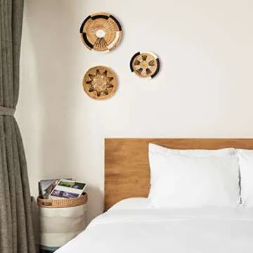 KIWI HOMIE - Set of 3 Round Woven Water Hyacinth Wall Decor Basket Trays, Round Wicker Baskets Handmade Set of 3 For Living Room, Unique Hanging Wall Art (Multiple Size, Bohemian)