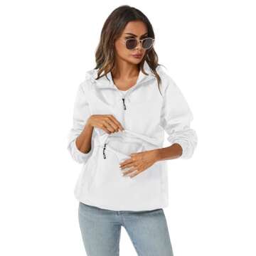 Avoogue Women'S Rain Jackets Waterproof With Hood Foldable Rain Jacket Women Pullover Windbreaker White S