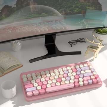 UBOTIE Portable Bluetooth Colorful Computer Keyboards, Wireless Mini Compact Retro Typewriter Flexible 84Keys Design Keyboard (Pink-Colorful)