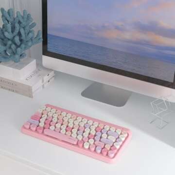 UBOTIE Portable Bluetooth Colorful Computer Keyboards, Wireless Mini Compact Retro Typewriter Flexible 84Keys Design Keyboard (Pink-Colorful)