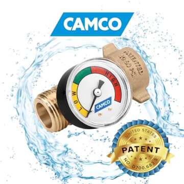 Camco Brass Water Pressure Regulator with Gauge- Helps Protect RV Plumbing and Hoses from High-Press...